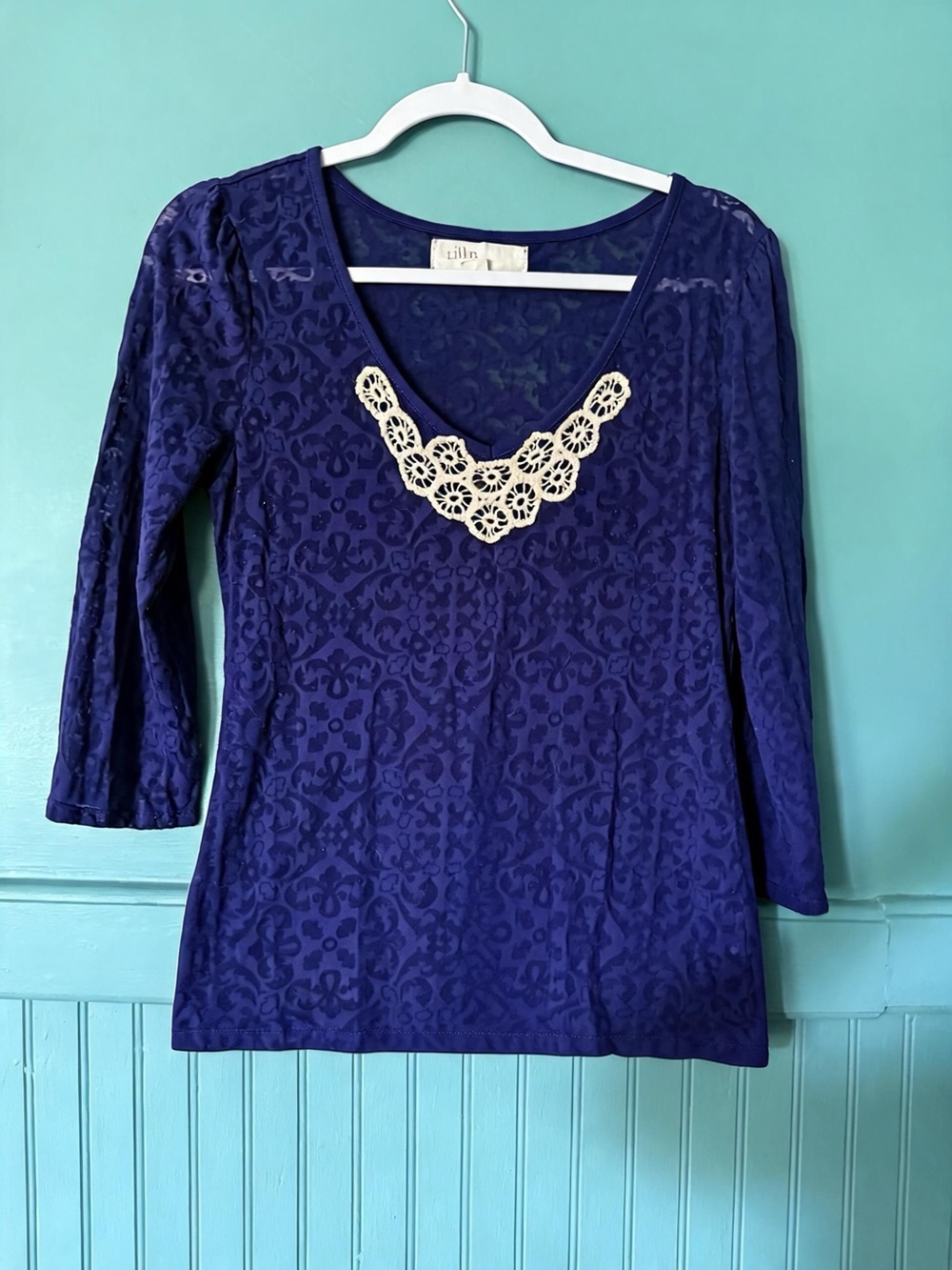 Anthropologie - Purple Scoop Neck Top with Cream Lace Appliqué - Subtle Sheernes